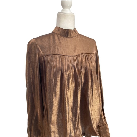 Allison New York Metallic Chiffon Smocked Long Tie bow Sleeve Blouse in Copper - Picture 6 of 9